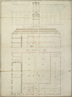 Duret. Élévation principale de la maison commune de Scey-sur-Saône. Coupe. Plan général [du rez-de-chaussée]. [1831]. © Région Bourgogne-Franche-Comté, Inventaire du patrimoine