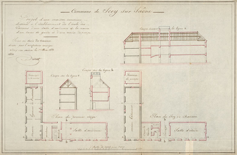 Duret. Projet des travaux à faire pour la construction d'une maison destinée à l'établissement de l'école des filles et pour la reconstruction des halles. [Plans du rez-de-chaussée et de l'étage, coupes]. [1831]. © Région Bourgogne-Franche-Comté, Inventaire du patrimoine