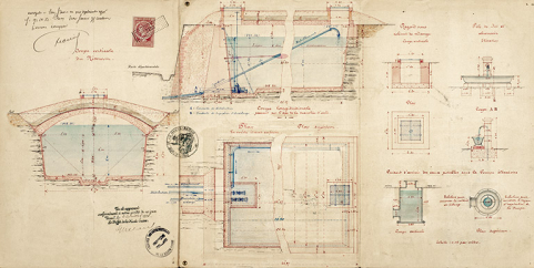 [Plan, coupe et élévation du réservoir de La Prouse]. 1906.  © Région Bourgogne-Franche-Comté, Inventaire du patrimoine