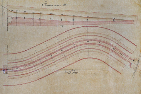 Plans et profils de la dérivation souterraine de Saint-Albin, 1843 : partie aval. © Région Bourgogne-Franche-Comté, Inventaire du patrimoine Plans et profils de la dérivation souterraine de Saint-Albin, 1843 : partie aval. © Région Bourgogne-Franche-Comté, Inventaire du patrimoine