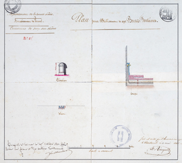 Ringuelet. Plan pour l'établissement de sept bornes fontaines. 1841. © Région Bourgogne-Franche-Comté, Inventaire du patrimoine Ringuelet. Plan pour l'établissement de sept bornes fontaines. 1841. © Région Bourgogne-Franche-Comté, Inventaire du patrimoine