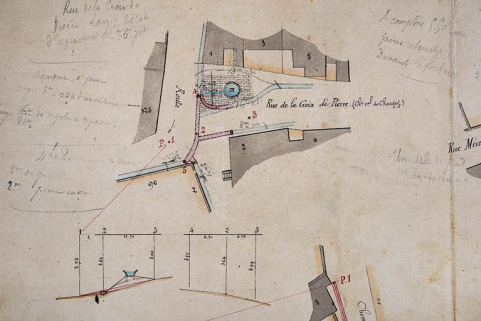 Plan de construction de rigoles pavées autour de la fontaine de la Croix de Pierre à Scey-sur-Saône-et-Saint-Albin, détail. [1866]. © Région Bourgogne-Franche-Comté, Inventaire du patrimoine