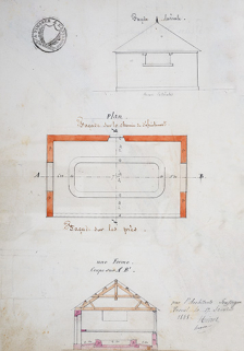 Noirot-Hugon. Plan et coupe transversale [pour la construction de la fontaine-lavoir de la Sauce à Scey-sur-Saône-et-Saint-Albin]. 1848. © Archives départementales de la Haute-Saône