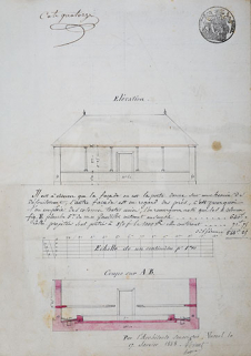 Noirot-Hugon. Élévation et coupe longitudinale [pour la construction de la fontaine-lavoir de la Sauce à Scey-sur-Saône-et-Saint-Albin]. 1848. © Archives départementales de la Haute-Saône