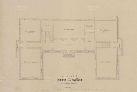Hôtel de Ville de Scey-sur-Saône. Plan du rez-de-chaussée. [1888]. © Archives départementales de la Haute-Saône