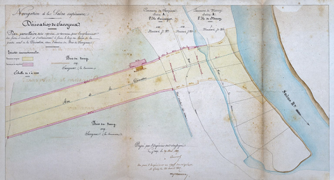 Plan parcellaire des reprises de terrain pour l emplacement des fossés d'écoulement et d'assainissement à faire le long des levées de la partie aval de la dérivation, dans l'étendue du bois de Savoyeux, 1847. © Région Bourgogne-Franche-Comté, Inventaire du patrimoine