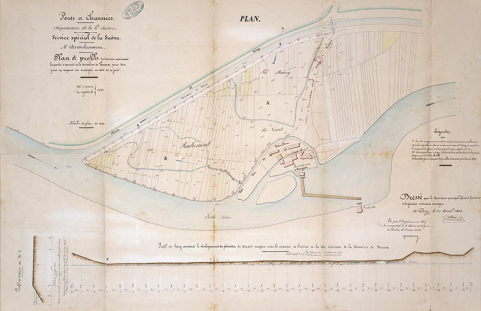 Plan et profils des terrains avoisinant la partie amont de la dérivation de Vereux (1854). © Région Bourgogne-Franche-Comté, Inventaire du patrimoine Plan et profils des terrains avoisinant la partie amont de la dérivation de Vereux (1854). © Région Bourgogne-Franche-Comté, Inventaire du patrimoine