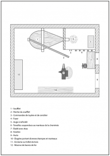 Croquis de plan d'une forge à une fournaise (un poste de travail), [2002]. © Région Bourgogne-Franche-Comté, Inventaire du patrimoine