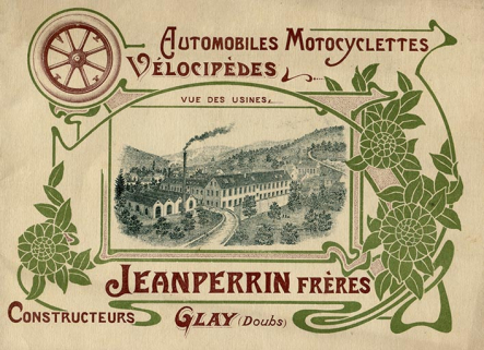 Automobiles, motocyclettes, vélocipèdes Jeanperrin Frères constructeurs, Glay (Doubs) [catalogue de production : 1ère de couverture], [décennies 1890-1900]. © Région Bourgogne-Franche-Comté, Inventaire du patrimoine