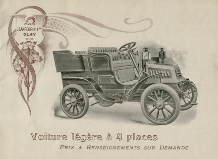 Voiture légère à 4 places, [décennies 1890-1900]. Document extrait d'un catalogue de production : Automobiles, motocyclettes, vélocipèdes Jeanperrin Frères [...] © Région Bourgogne-Franche-Comté, Inventaire du patrimoine