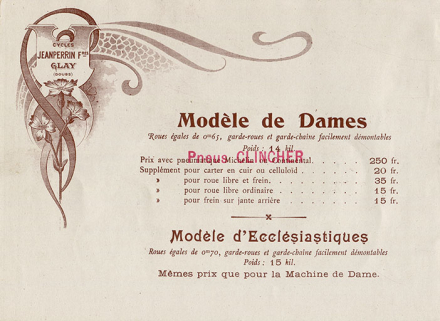 [Tarif de bicyclettes pour dames ou ecclésiastiques], [décennies 1890-1900]. Document extrait d'un catalogue de production : Automobiles, motocyclettes, vélocipèdes Jeanperrin Frères [...] © Région Bourgogne-Franche-Comté, Inventaire du patrimoine