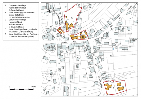 Carte de localisation des sites à Montécheroux. Extrait du plan cadastral, 2019, section D. © Région Bourgogne-Franche-Comté, Inventaire du patrimoine Carte de localisation des sites à Montécheroux. Extrait du plan cadastral, 2019, section D. © Région Bourgogne-Franche-Comté, Inventaire du patrimoine