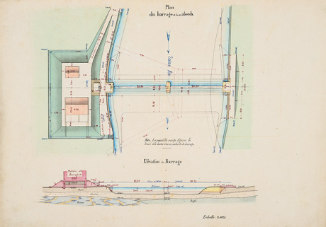 Canal de l'Est, projet des travaux de la dérivation de Port-sur-Saône - barrage mobile (1878) : détail du barrage et de ses abords. © Région Bourgogne-Franche-Comté, Inventaire du patrimoine Canal de l'Est, projet des travaux de la dérivation de Port-sur-Saône - barrage mobile (1878) : détail du barrage et de ses abords. © Région Bourgogne-Franche-Comté, Inventaire du patrimoine