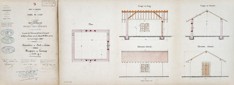 Canal de l'Est, projet des travaux - dérivation de Port-sur-Saône, magasin du barrage (1876).  © Région Bourgogne-Franche-Comté, Inventaire du patrimoine Canal de l'Est, projet des travaux - dérivation de Port-sur-Saône, magasin du barrage (1876).  © Région Bourgogne-Franche-Comté, Inventaire du patrimoine