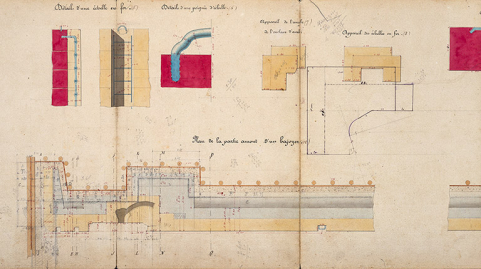 Construction de la dérivation de Port-sur-Saône - Ecluse à sas (1876) : détail d'une chelle en fer, détail d'une poignée d'echelle et plan de la partie amont d'un bajoyer. © Région Bourgogne-Franche-Comté, Inventaire du patrimoine Construction de la dérivation de Port-sur-Saône - Ecluse à sas (1876) : détail d'une chelle en fer, détail d'une poignée d'echelle et plan de la partie amont d'un bajoyer. © Région Bourgogne-Franche-Comté, Inventaire du patrimoine