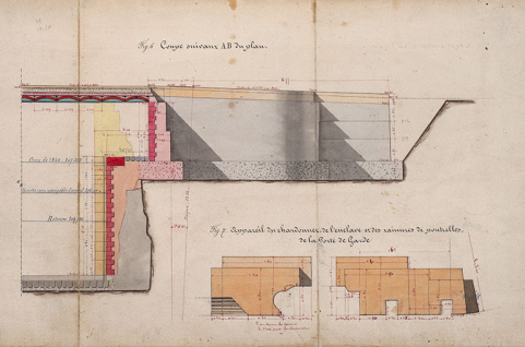 Réfection de la première porte de garde de la dérivation de St-Albin - Plans, élévation, coupes et détails des maçonneries de la porte de garde et du pont (1876) : appareil du chardonnet de l'enclave et des rainures de poutrelle de la porte de garde. © Région Bourgogne-Franche-Comté, Inventaire du patrimoine Réfection de la première porte de garde de la dérivation de St-Albin - Plans, élévation, coupes et détails des maçonneries de la porte de garde et du pont (1876) : appareil du chardonnet de l'enclave et des rainures de poutrelle de la porte de garde. © Région Bourgogne-Franche-Comté, Inventaire du patrimoine