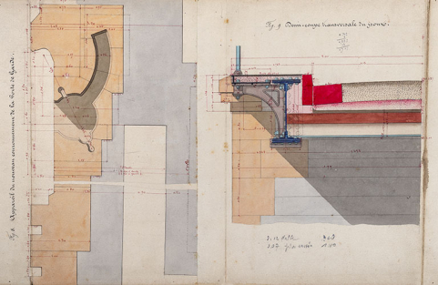 Réfection de la première porte de garde de la dérivation de St-Albin - Plans, élévation, coupes et détails des maçonneries de la porte de garde et du pont (1876) : appareil du nouveau environnement de la porte de garde et demi-coupe transversal.  © Région Bourgogne-Franche-Comté, Inventaire du patrimoine Réfection de la première porte de garde de la dérivation de St-Albin - Plans, élévation, coupes et détails des maçonneries de la porte de garde et du pont (1876) : appareil du nouveau environnement de la porte de garde et demi-coupe transversal.  © Région Bourgogne-Franche-Comté, Inventaire du patrimoine