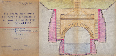 Réfection des murs de la cuvette à l'amont et à l'aval du souterrain de Saint-Albin (vers 1955). © Région Bourgogne-Franche-Comté, Inventaire du patrimoine Réfection des murs de la cuvette à l'amont et à l'aval du souterrain de Saint-Albin (vers 1955). © Région Bourgogne-Franche-Comté, Inventaire du patrimoine