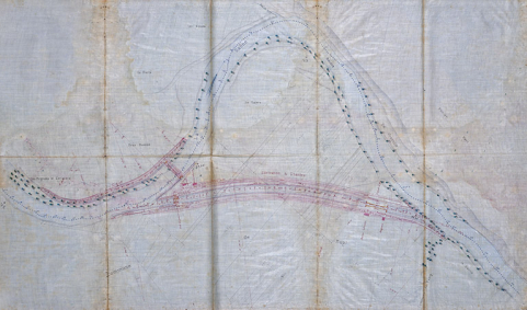 Bief de Chantes. Construction d'une dérivation éclusée, d'un barrage mobile et d'un chemin de halage - Plan général de la dérivation (1878). © Région Bourgogne-Franche-Comté, Inventaire du patrimoine
