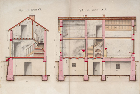 Bief de Chantes. Construction d'une dérivation éclusée, d'un barrage mobile et d'un chemin de halage - Maisons éclusières, plans, coupes, élévation et détails (1878) : vues en coupe. © Région Bourgogne-Franche-Comté, Inventaire du patrimoine Bief de Chantes. Construction d'une dérivation éclusée, d'un barrage mobile et d'un chemin de halage - Maisons éclusières, plans, coupes, élévation et détails (1878) : vues en coupe. © Région Bourgogne-Franche-Comté, Inventaire du patrimoine