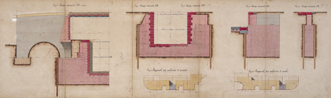Bief de Soing - Construction de la coupure de Cubry, de la dérivation éclusée de Soing et d'un chemin de halage - Seconde porte de garde de Cubry avec pont (1878) : vue de plusieurs coupes et appareils des coulisses d'amont et d'aval. © Région Bourgogne-Franche-Comté, Inventaire du patrimoine Bief de Soing - Construction de la coupure de Cubry, de la dérivation éclusée de Soing et d'un chemin de halage - Seconde porte de garde de Cubry avec pont (1878) : vue de plusieurs coupes et appareils des coulisses d'amont et d'aval. © Région Bourgogne-Franche-Comté, Inventaire du patrimoine
