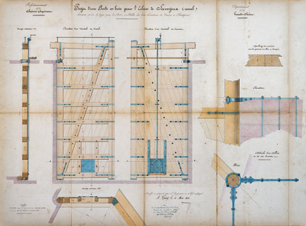 Perfectionnement de la Saône supérieure - Département de la Haute-Saône - Projet de portes en bois pour les écluses portes de garde des dérivations de Vereux et Savoyeux (1845). © Région Bourgogne-Franche-Comté, Inventaire du patrimoine