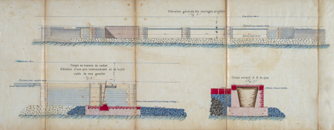 Achèvement du bief de Véreux - Exhaussement du barrage de Véreux (1881) : élévation générale des ouvrages projetés. © Région Bourgogne-Franche-Comté, Inventaire du patrimoine Achèvement du bief de Véreux - Exhaussement du barrage de Véreux (1881) : élévation générale des ouvrages projetés. © Région Bourgogne-Franche-Comté, Inventaire du patrimoine