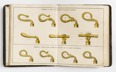 Poignées en laiton pour serrures [... : planche de catalogue], 1835. © Région Bourgogne-Franche-Comté, Inventaire du patrimoine