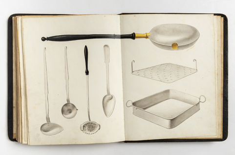 [Bassinoire à eau chaude, ustensiles et plat de cuisine : planche de catalogue], 1835. © Région Bourgogne-Franche-Comté, Inventaire du patrimoine