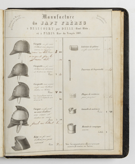 Manufacture de Japy Frères à Beaucourt (par Delle) Haut-Rhin, et à Paris rue du Temple 108 [casques et éléments d'équipement militaire : page de catalogue], milieu 19e siècle. © Région Bourgogne-Franche-Comté, Inventaire du patrimoine