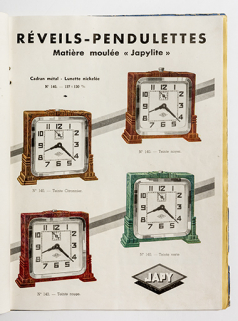 Réveils-pendulettes matière moulée "Japylithe" [page de catalogue], 1935. © Région Bourgogne-Franche-Comté, Inventaire du patrimoine