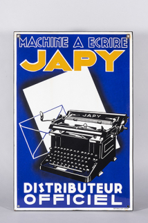 Machine à écrire Japy [plaque publicitaire émaillée], vers 1950. (Musée Japy, Beaucourt) © Région Bourgogne-Franche-Comté, Inventaire du patrimoine