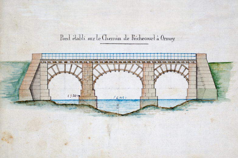 Ormoy (70) : pont routier sur la Saône (plan de 1857 conservé aux Archives départementales de la Haute-Saône) © reprod. J. Mongreville / Région Bourgogne-Franche-Comté, Inventaire du patrimoine, 2016 Ormoy (70) : pont routier sur la Saône (plan de 1857 conservé aux Archives départementales de la Haute-Saône) © reprod. J. Mongreville / Région Bourgogne-Franche-Comté, Inventaire du patrimoine, 2016