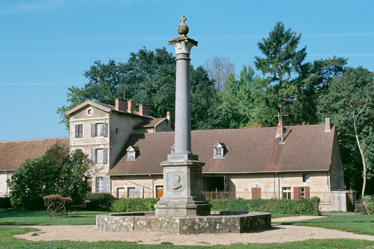 Vue d'ensemble de la colonne commémorative et de la maison du médecin. © Région Bourgogne-Franche-Comté, Inventaire du patrimoine
