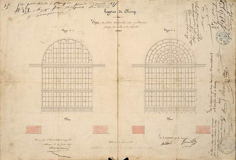 Dessin des projets de portes séparant les salles des malades de la chapelle. © Région Bourgogne-Franche-Comté, Inventaire du patrimoine