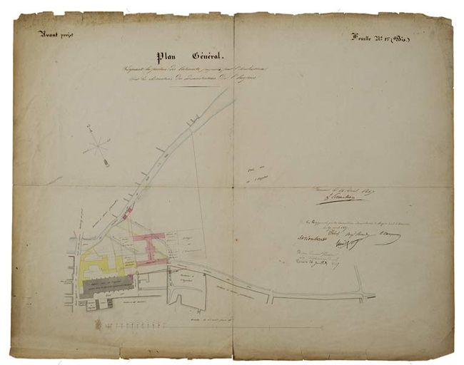 Hôtel-Dieu : vue d'ensemble de l'aménagement du site (Hôtel-Dieu et pavillon Dormois) projet, 1847. © Région Bourgogne-Franche-Comté, Inventaire du patrimoine