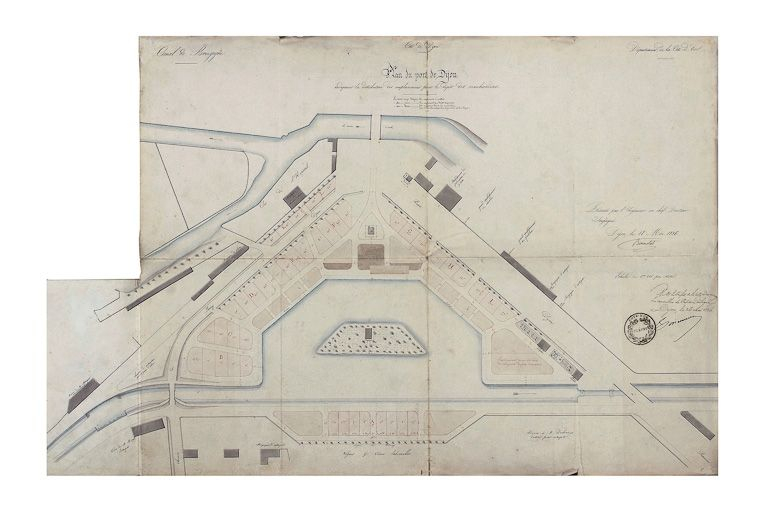 "Plan du port de Dijon indiquant la distribution des emplacements pour le dépôt des marchandises". 1836. (Archives départementales de la Côte-d'Or, Dijon) © Région Bourgogne-Franche-Comté, Inventaire du patrimoine