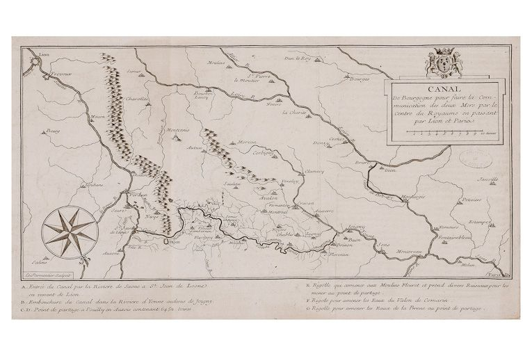 "Carte du canal de Bourgogne pour faire la communication des deux Mers par le centre du Royaume en passant par Lion et Paris." (Archives départementales de la Côte-d'Or, Dijon) © Région Bourgogne-Franche-Comté, Inventaire du patrimoine "Carte du canal de Bourgogne pour faire la communication des deux Mers par le centre du Royaume en passant par Lion et Paris." (Archives départementales de la Côte-d'Or, Dijon) © Région Bourgogne-Franche-Comté, Inventaire du patrimoine