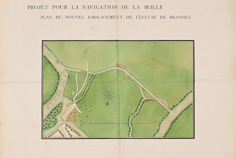 Projet pour la navigation de la Seille : plan du nouvel emplacement de l'écluse de Branges. Il s'agit probablement d'un plan d'avant 1784 : l'emplacement des écluses est différent de celui réalisé. (Archives VNF-direction territoriale Centre-Bourgog… © Région Bourgogne-Franche-Comté, Inventaire du patrimoine
