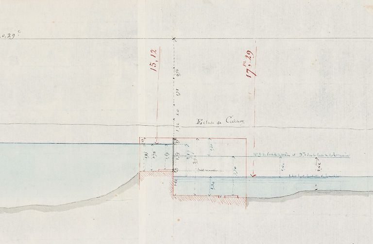 La Seille, profil en long. Daté de 1815. Détail de l'écluse de Cuisery. (Archives VNF-direction territoriale Centre-Bourgogne ; subdivision de Montceau-les-Mines) © Région Bourgogne-Franche-Comté, Inventaire du patrimoine
