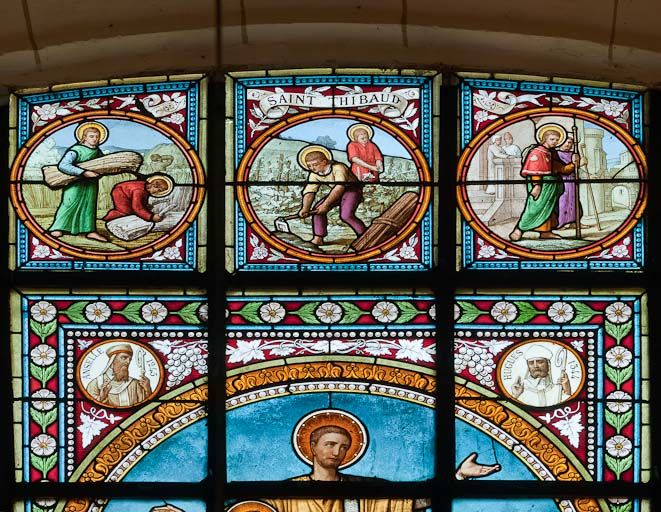 Vitrail : épisodes de la vie de saint Thibault, détail. © Région Bourgogne-Franche-Comté, Inventaire du patrimoine