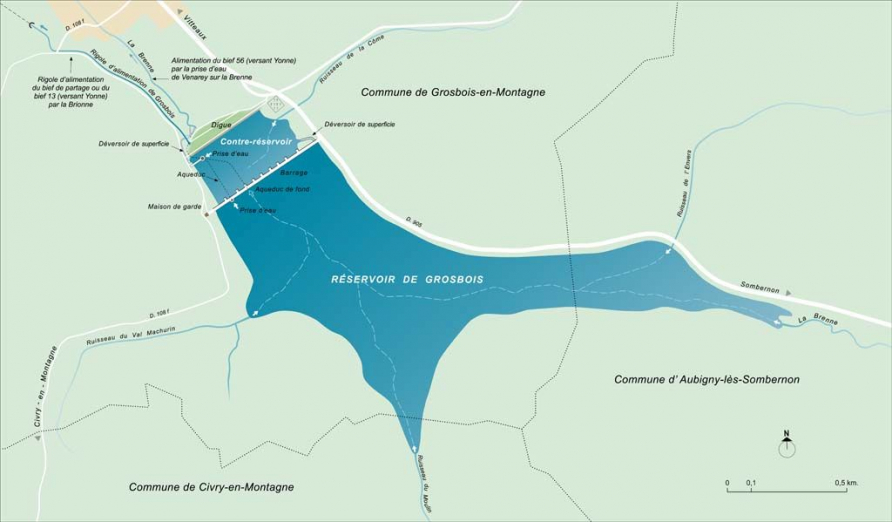 Plan schématique d'ensemble du réservoir de Grosbois. © Région Bourgogne-Franche-Comté, Inventaire du patrimoine Plan schématique d'ensemble du réservoir de Grosbois. © Région Bourgogne-Franche-Comté, Inventaire du patrimoine