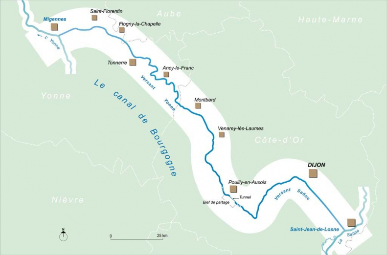 Carte générale schématique du canal de Bourgogne. © Région Bourgogne-Franche-Comté, Inventaire du patrimoine Carte générale schématique du canal de Bourgogne. © Région Bourgogne-Franche-Comté, Inventaire du patrimoine