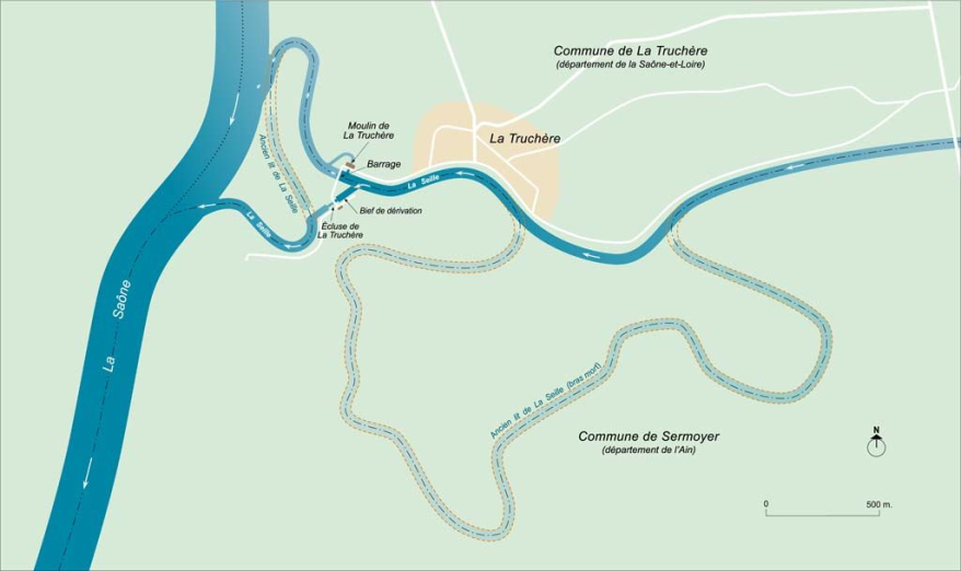Plan schématique de la confluence de la Seille et de la Saône avec l'ancien tracé de la Seille. © Région Bourgogne-Franche-Comté, Inventaire du patrimoine