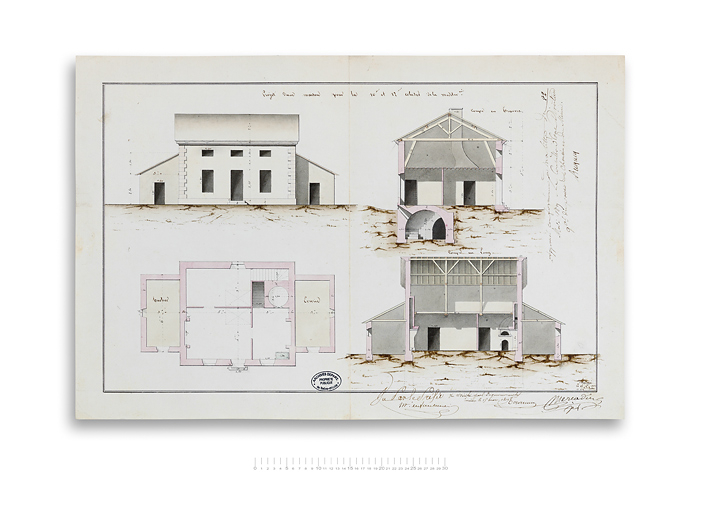 "Projet d'une maison pour la 10è et 12è écluses de la méditerranée". Plan, coupe et élévation. 1819. (Archives départementales de la Saône-et-Loire, Mâcon) © Région Bourgogne-Franche-Comté, Inventaire du patrimoine