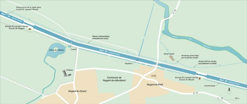 Plan schématique du système hydraulique des biefs 62, 63 et 64 du versant Yonne. © Région Bourgogne-Franche-Comté, Inventaire du patrimoine