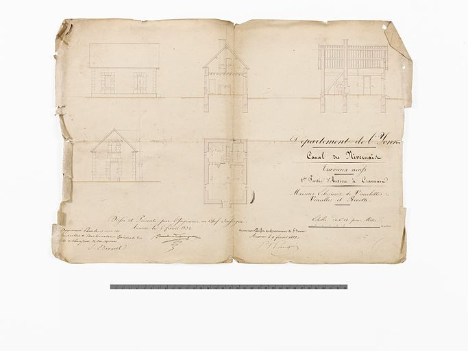 "Maisons éclusières de Vincelottes, Vincelles et Rivotte". Elévation, plan et coupe. (VNF-direction territoriale Centre-Bourgogne ; subdivision de Corbigny) © Région Bourgogne-Franche-Comté, Inventaire du patrimoine