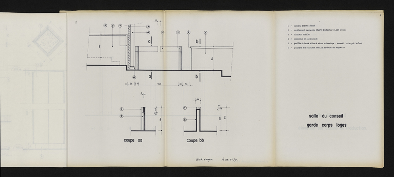 Carnet de détails et principes - salle du conseil :  garde-corps des loges, 3 janvier 1979. Boyer, Michel (architecte d'intérieur) (Archives départementales de la Côte-d'Or, Dijon, 32 J 106) © CD21/F.PETOT/2014 Carnet de détails et principes - salle du conseil :  garde-corps des loges, 3 janvier 1979. Boyer, Michel (architecte d'intérieur) (Archives départementales de la Côte-d'Or, Dijon, 32 J 106) © CD21/F.PETOT/2014