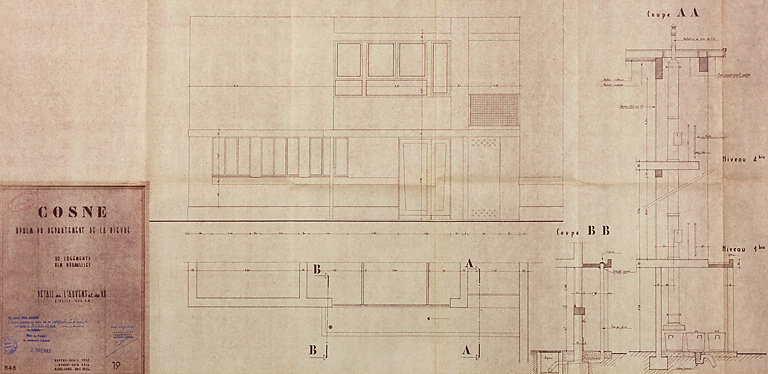 Opération de 32 logements, plan et élévations de détail de l'auvent et du vide-ordure, L. Robert et M. Guillaume, avril 1955. (Archives municipales Cosne-Cours-sur-Loire, 200 W 16 - PC 722) © Région Bourgogne-Franche-Comté, Inventaire du patrimoine
