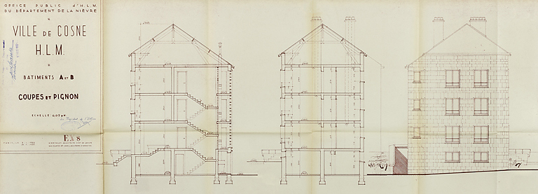 Ensemble de logements Cité Binot, bâtiments A et B, élévation de la façade latérale et coupes, Berthelot, Charton, Louria, janvier 1955. (Archives municipales Cosne-Cours-sur-Loire, 200 W 5 - PC 238) © Région Bourgogne-Franche-Comté, Inventaire du patrimoine